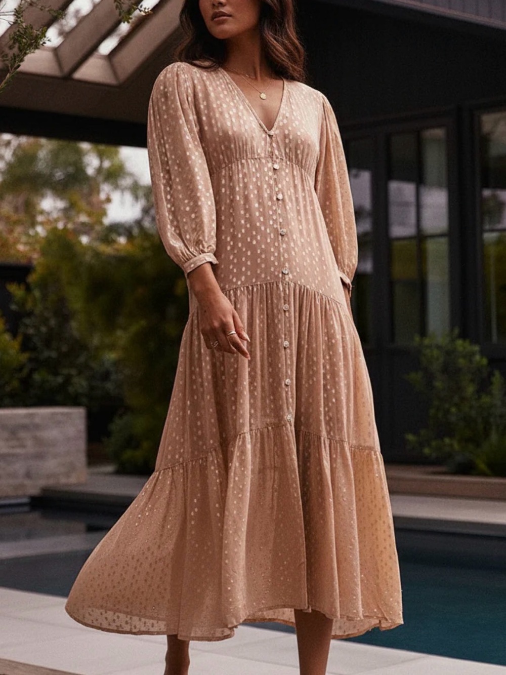 NWT- saltwater LUXE Beige Polka Dot Tiered Maxi Dress / Bathing Suit Cover Up - Picture 3 of 7